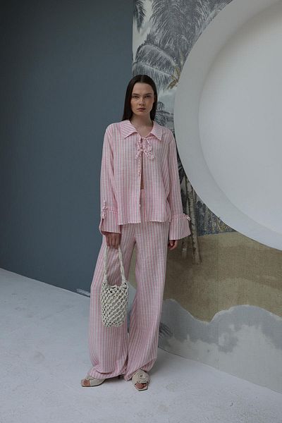 VAGGON Striped Tie-Up Detail Blouse and Pants Set