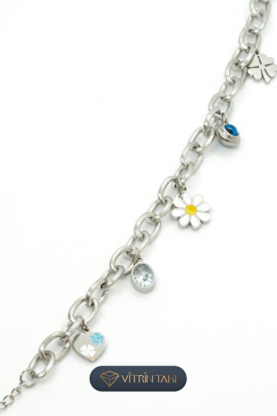 Çelik Papatya Figürlü Sallantılı Gümüş Renk Bileklik