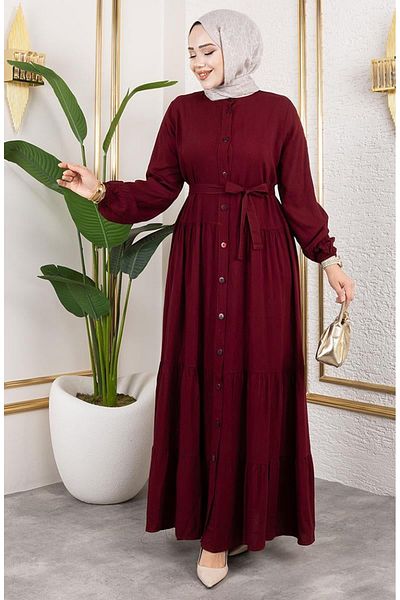 sefamerve Front Buttoned Viscose Dress 1124-01 Burgundy