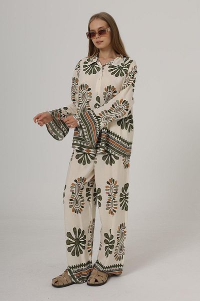 VAGGON Women's Khaki Patterned Flared Sleeves Shirt and Elastic Waist Pants Set Vs00589