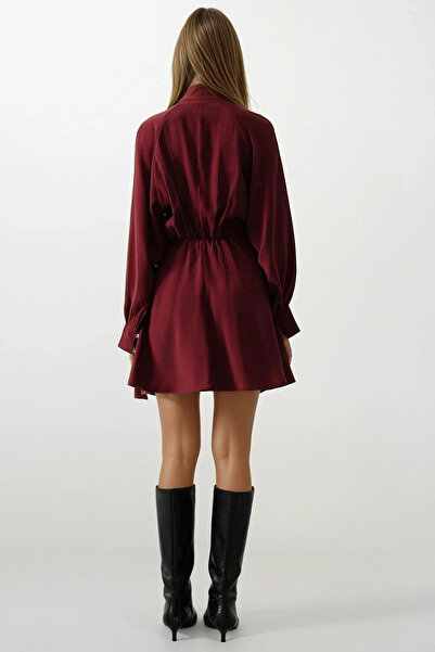 VAGGON Γυναικείο μπορντό φόρεμα με λεπτομέρεια με μπαλόνι μανίκια, μίνι μέγεθος Vs00468