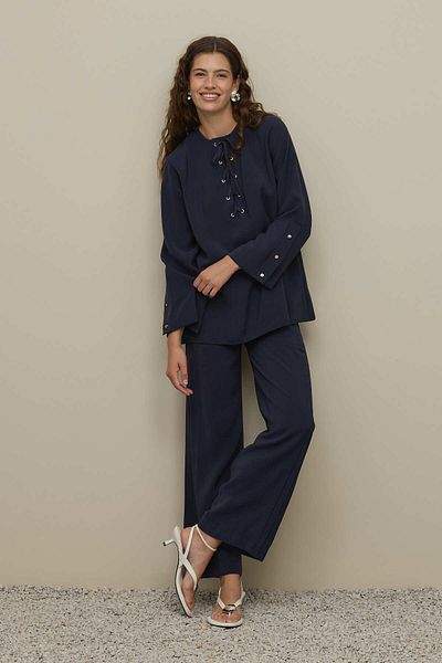 Fahhar Eyelet Detailed Trouser Suit Navy Blue
