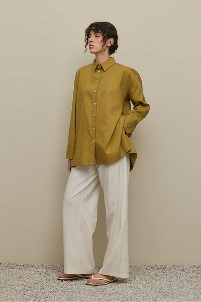 Fahhar Lyocell Linen Thick Folded Shirt Fat Green