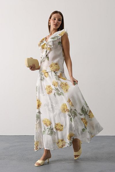 VAGGON Women's Yellow Floral Patterned Long Skirt Vs00645