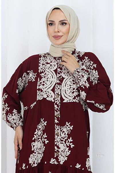 sefamerve Viscose Fabric Half Button Dress 2117-03 Burgundy