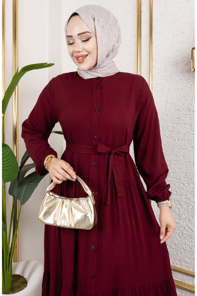 sefamerve Φόρεμα βισκόζης με κουμπί μπροστά 1124-01 Claret Red