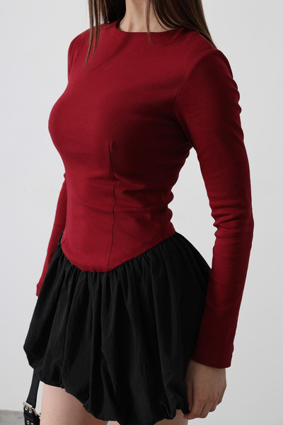 VAGGON Women's Burgundy Crew Neck Balloon Skirt Mini Dress Vs00487