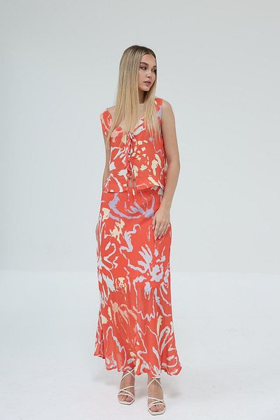 VAGGON Women's Red Lace-Up Sleeveless Blouse and Maxi Length Patterned Skirt Set Vs00433