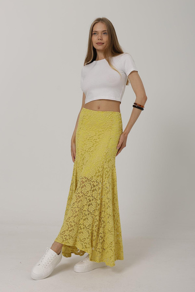 VAGGON Women's Yellow Elastic Waist Lined Lace Embroidered Midi Length Skirt Vs00611