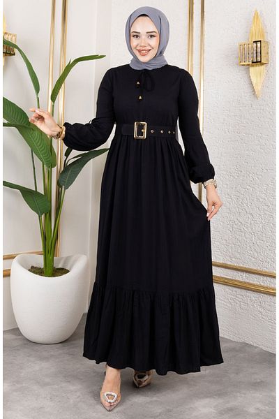 sefamerve Rochie Hijab cu detaliu curea 0220-04 Negru