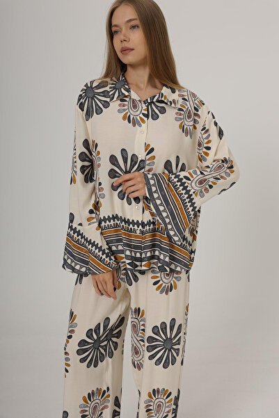 VAGGON Women's Anthracite Patterned Shirt with Flounce Sleeves and Elastic Waist Trousers Set Vs00589