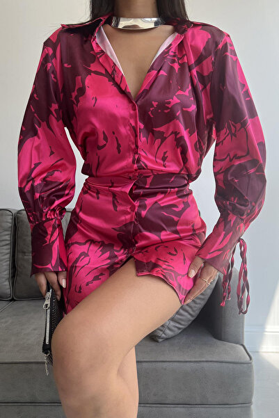 VAGGON Γυναικείο φούξια πουκάμισο με λεπτομέρεια με μανσέτα Vs00390