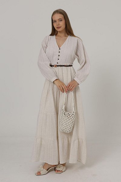 VAGGON Women's Cream Half Button Front Long Sleeve Dress with Belt Vs00521