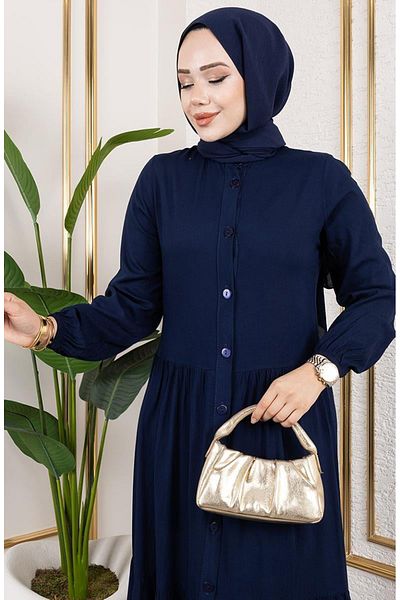 sefamerve Rochie din viscoză cu nasturi în față 1124-03 bleumarin