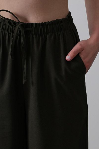 VAGGON Women's Dark Khaki Double Pocket Elastic Waist Wide Leg Pants Vs00529