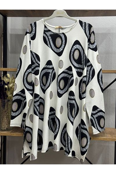 ÖZNE BUTİK Plus Size Women's 100% Cotton Lycra A-Line Cycling Collar Pattern Combed Cotton Tunic