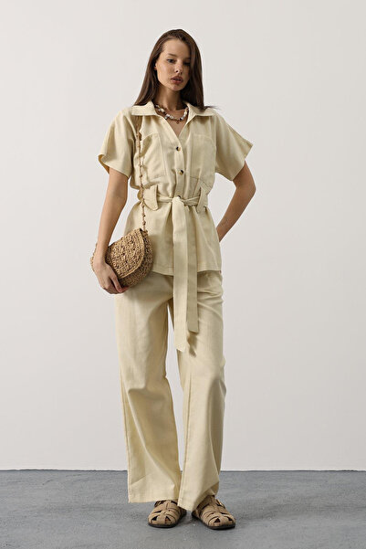 VAGGON Women's Ecru Belted Pocket Detailed Trouser Set Vs00593