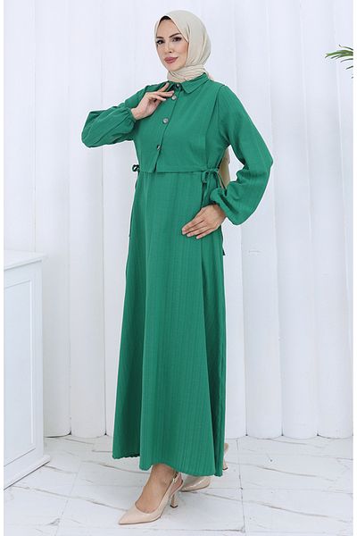 sefamerve Rochie vestă cu nasturi Set dublu 2119-04 Verde smarald