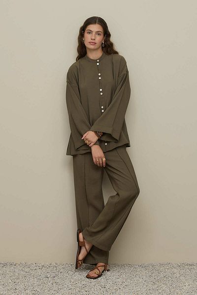 Fahhar Front Buttoned Modal Shirt Suit Khaki