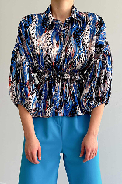 VAGGON Women's Blue Elastic Waist Satin Shirt Vs00394