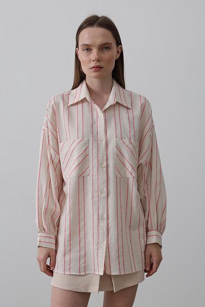 VAGGON Women's Pink Striped Double Pocket Oversize Shirt Vs00501