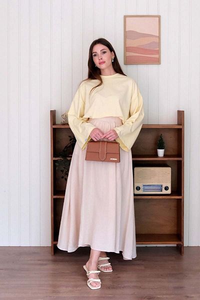 Ceylan Otantik Butter Yellow Crop Body & Cream Muslin Piping Skirt Set