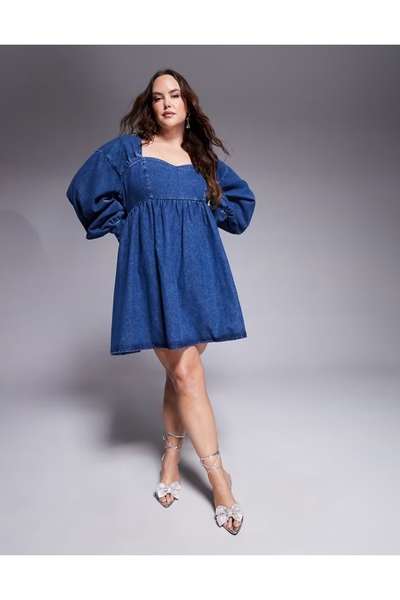 Şans Γυναικείο μπλε μεγάλο μέγεθος, χαμηλή πλάτη, μακριά μανίκια, τζιν φόρεμα με φερμουάρ πλάτης 65N39016