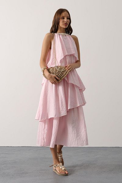 VAGGON Women's Pink Collar Detailed Layered Dress Vs00629