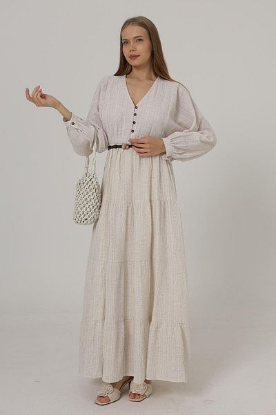 VAGGON Women's Cream Half Button Front Long Sleeve Dress with Belt Vs00521