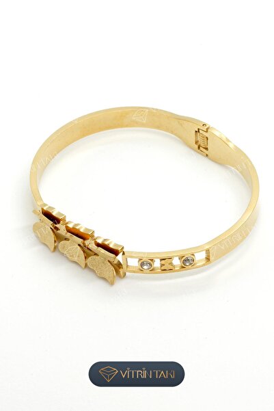 Çelik Kelebek Figürlü Altın Renk Kelepçe Bileklik