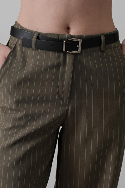 VAGGON Kadın HAKİ Çift Cepli Kemerli Çizgili Palazzo Pantolon VS00535