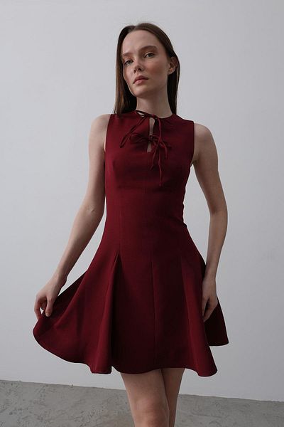 VAGGON Women's Burgundy Bow Detailed Skirt Pleated Mini Dress Vs00506
