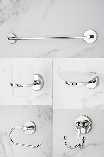 UG Home Chrome Long Towel Holder Outdoor Toilet Paper Holder Robe Hook Soap Dish Toothbrush Holder 5-Piece Bathroom Set