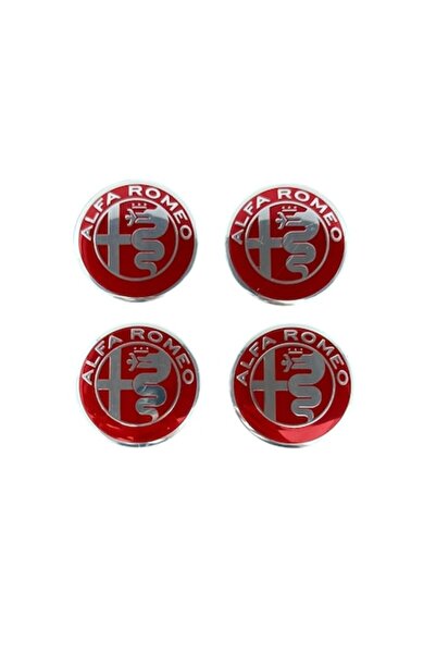 MAF Set 4 embleme stickere Alfa Romeo din tabla (aluminiu) autoadezive 56mm pentru capace roti, Rosu Arg