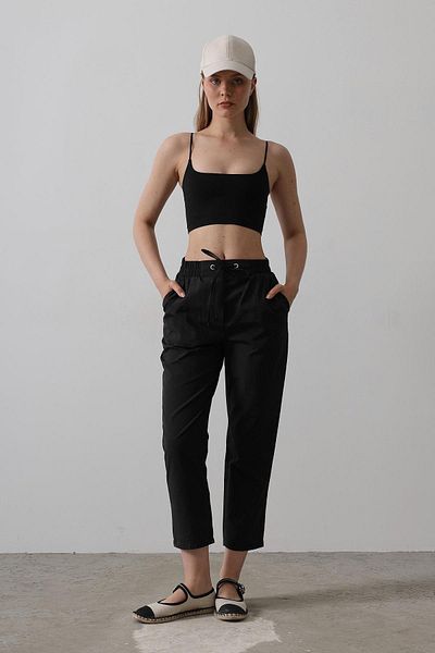 VAGGON Women's Black Double Pocket Elastic Waist Trousers with Tie Detail Vs00530