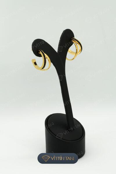 Çelik Siyah Taş Detaylı Altın Renk Küpe