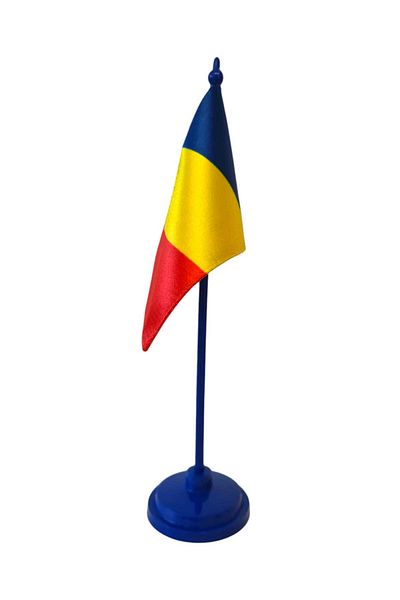 SDX Market Romania tricolor flag, Double Silk side, 10 cm x 15 cm, Blue plastic stand, for office, height 30 cm