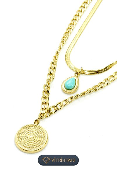 Çelik Mavi Taş Detaylı Altın Renk İkili Kolye