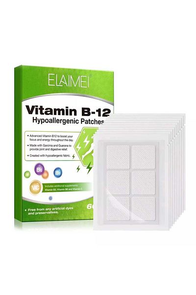 ELAIMEI Plasturi cu vitamina B12, B3, B6 și C – 60 de plasturi hipoalergenici pentru digestie și combatere a...