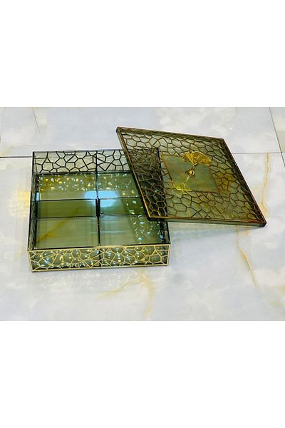 Tradeo Gold Geometric Plastic Snack & Fruit Serving Tray with Lid - 4-Compartment Appetizer.