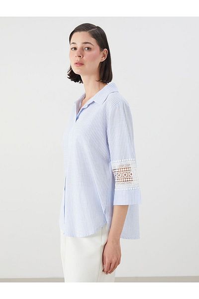 LC Waikiki Lcwaikiki Classic Shirt Collar Striped Oversize Lace Detail Blouse