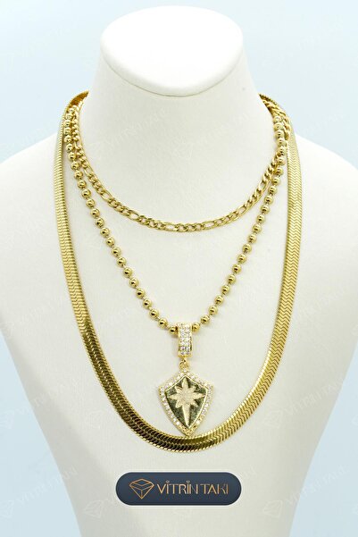 Çelik Yıldız Detaylı Altın Renk 3’lü Kolye Set