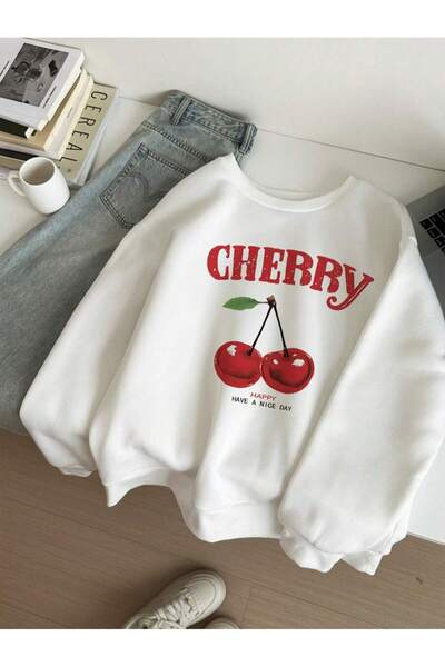 MOONBULL Women's Cherry Cherry Printed Oversize Crew Neck Sweatshirt