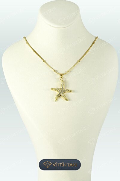 Çelik Taşlı Deniz Yıldızı Figürlü Dorika Zincir Altın Renk Kolye