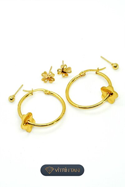 Çelik Çiçek Figürlü Altın Renk Küpe