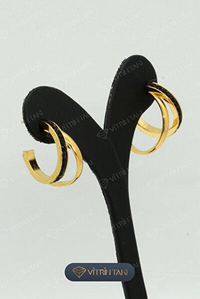 Çelik Siyah Taş Detaylı Altın Renk Küpe