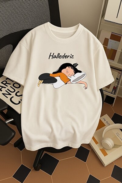 Infire clothing تي شيرت Hallederiz مطبوع للجنسين برقبة دائرية من القطن مقاس كبير