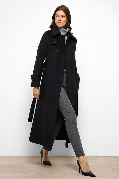 Olcay Cape Detailed Double Breasted Long Oversized Coat Black 3087