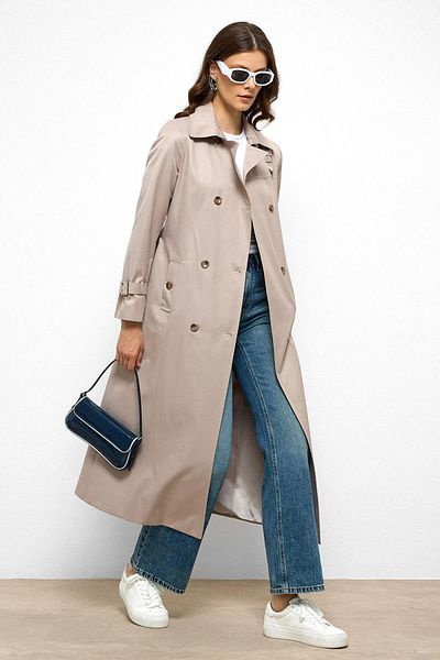 Olcay Double Breasted Shirt Collar Shoulder Belt Accessories Water Repellent Trench Coat Taş 6763