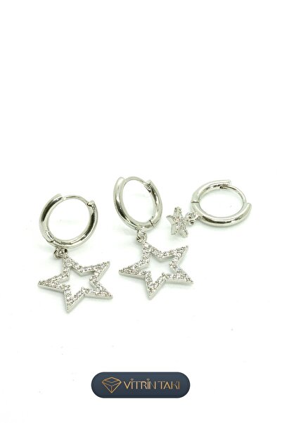 Çelik Yıldız Figürlü Taş Detaylı Gümüş Renk 3'lü Küpe Set